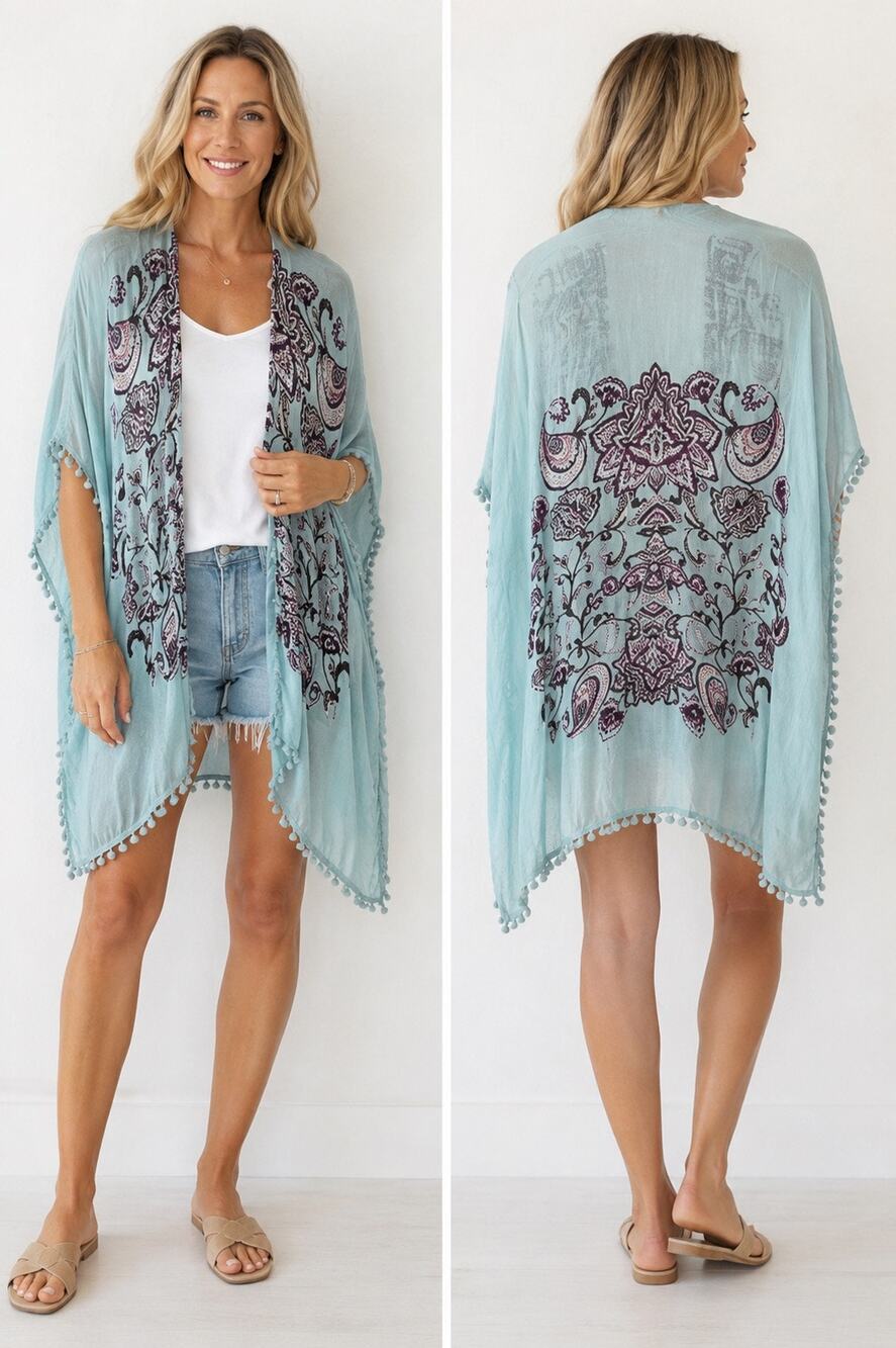 NWT Shiraleah Ellis Blue Mint Fringe Boho Cover Up Duster Kimono One Size